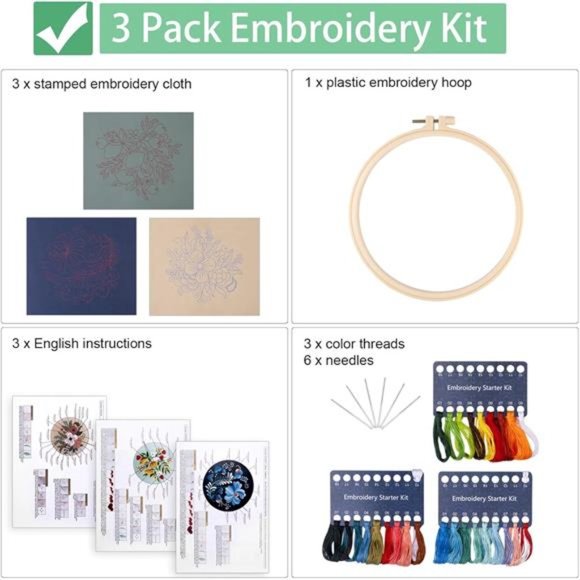 Embroidery Starter Kit for Beginners, 3 Sets Cross Stitch Kits for Adults - Picture 2 of 7